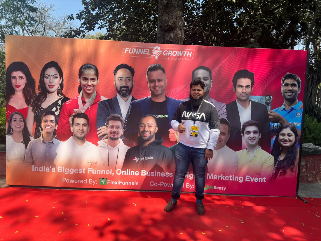 Shaikh Simraan at the Funnel Growth Summit, in front of the speaker banner