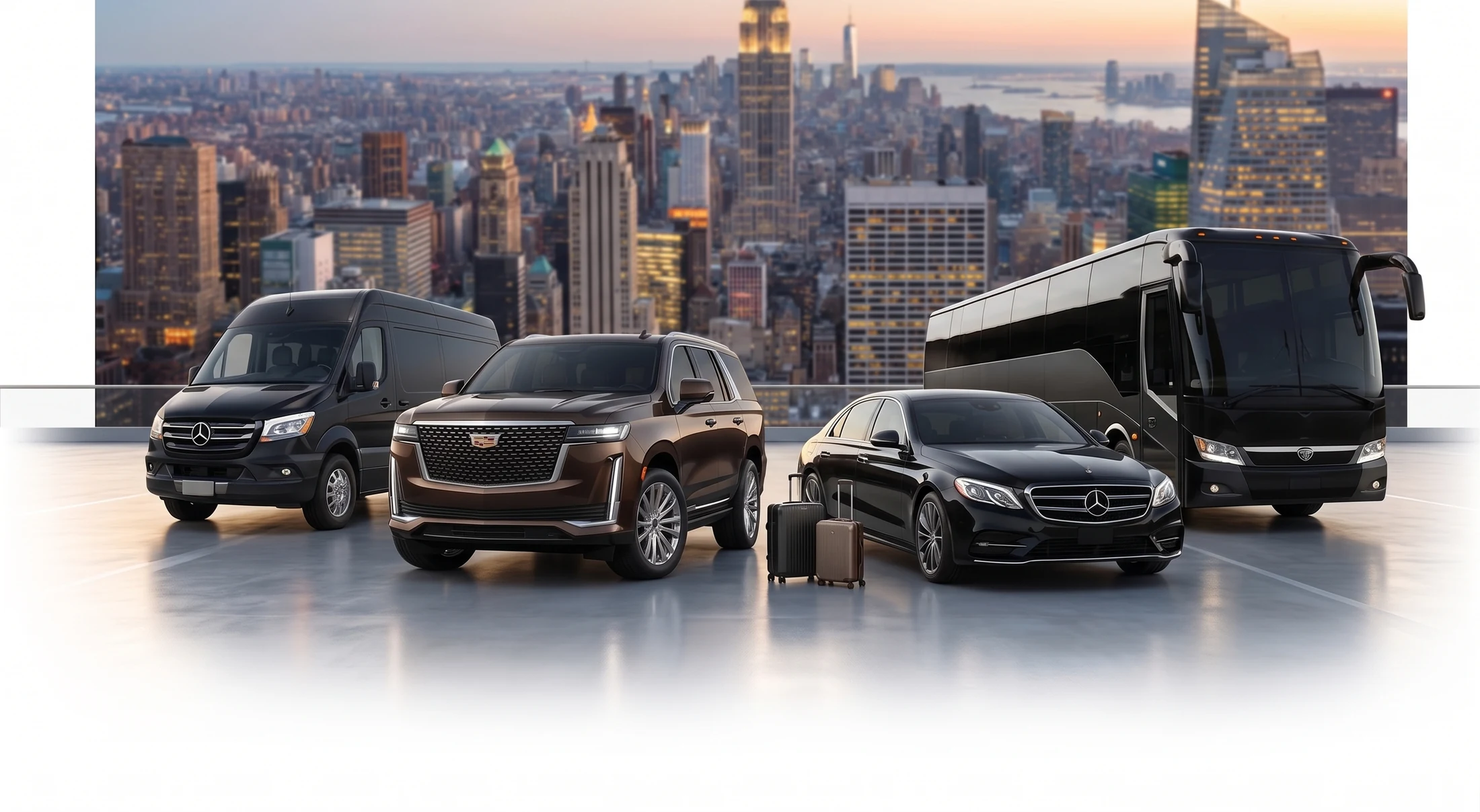 A Mercedes Sprinter van, Cadillac Escalade SUV, Mercedes sedan and charter coach lined up against the New York skyline
