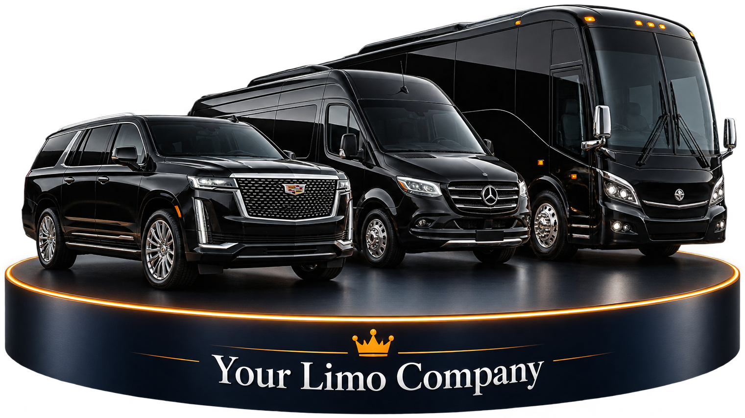 An Escalade, a Sprinter van and a motorcoach on an illuminated podium labelled Your Limo Company