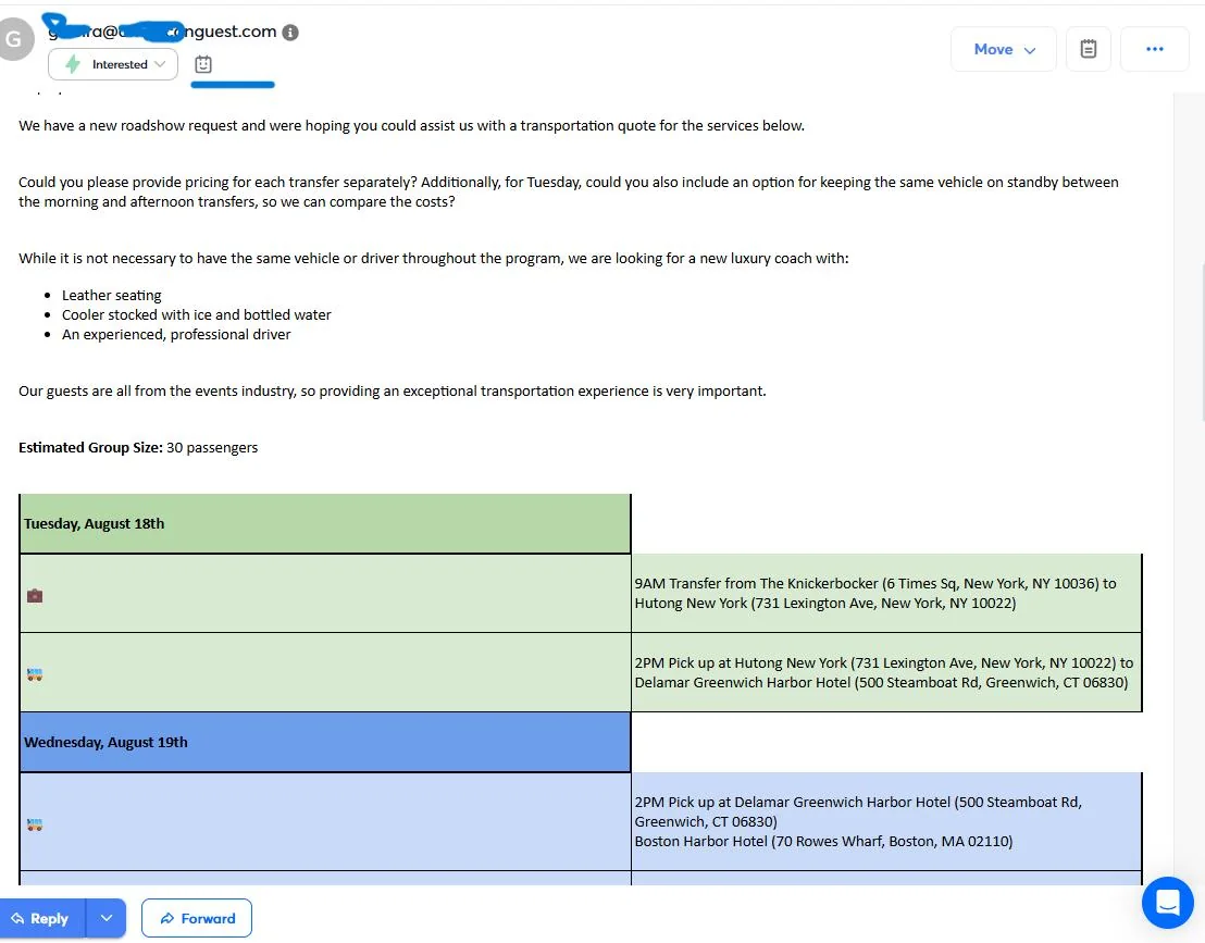 Inbound corporate email requesting transportation quotes for a two-day roadshow for 30 passengers, with transfers between New York, Greenwich and Boston