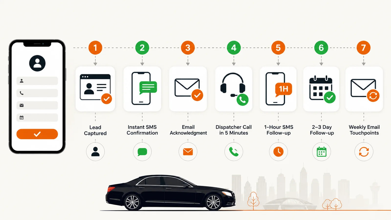 Seven-step follow-up timeline: lead captured, instant SMS confirmation, email acknowledgment, dispatcher call in five minutes, one-hour SMS follow-up, two to three day follow-up, then weekly email touchpoints
