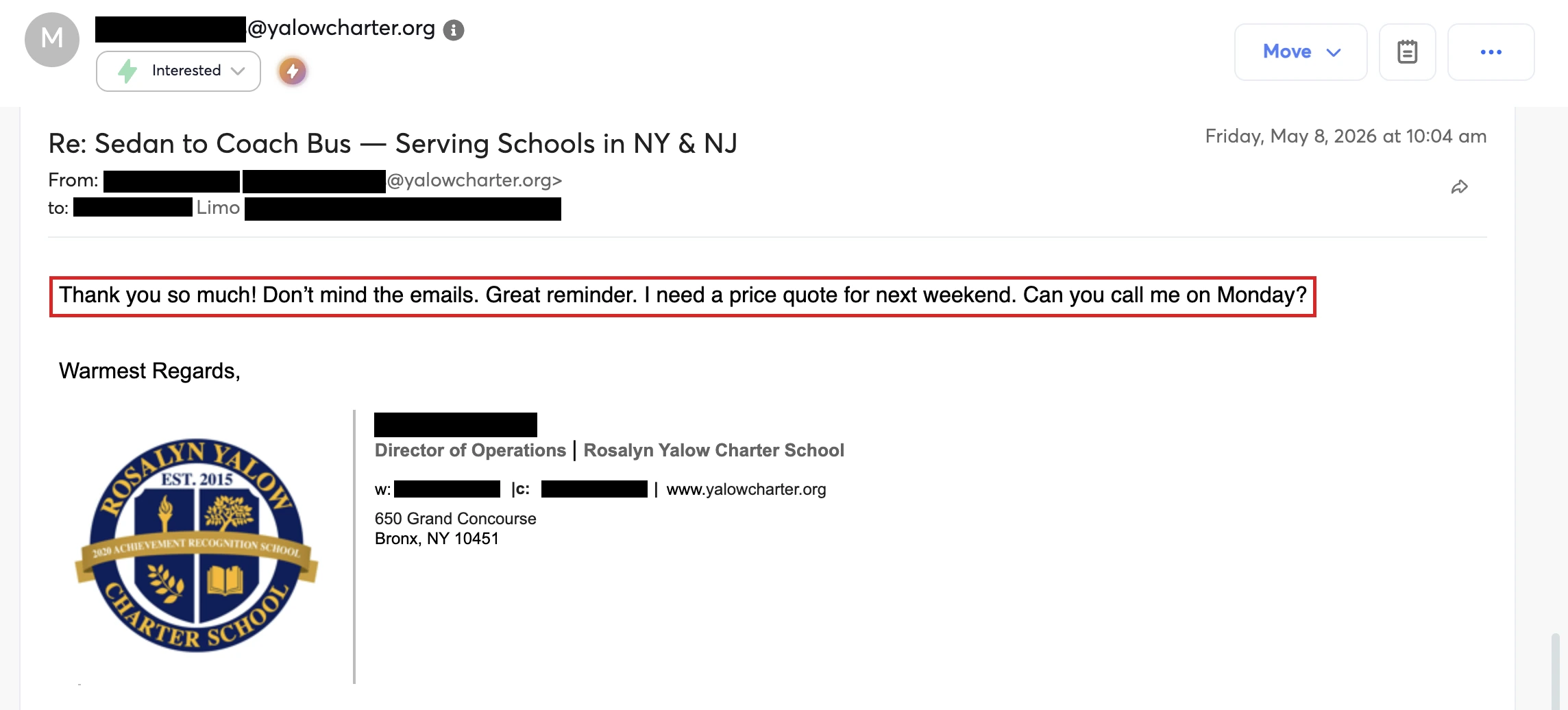 Inbox screenshot: a reply from a charter school marked Interested — asked for a price quote and a call back.