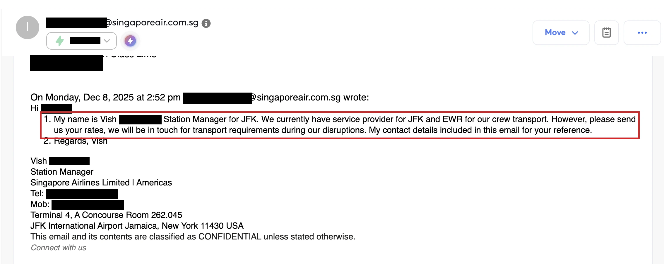 Inbox screenshot: a reply from a airline station manager marked Interested — asked us to send rates for crew transport.