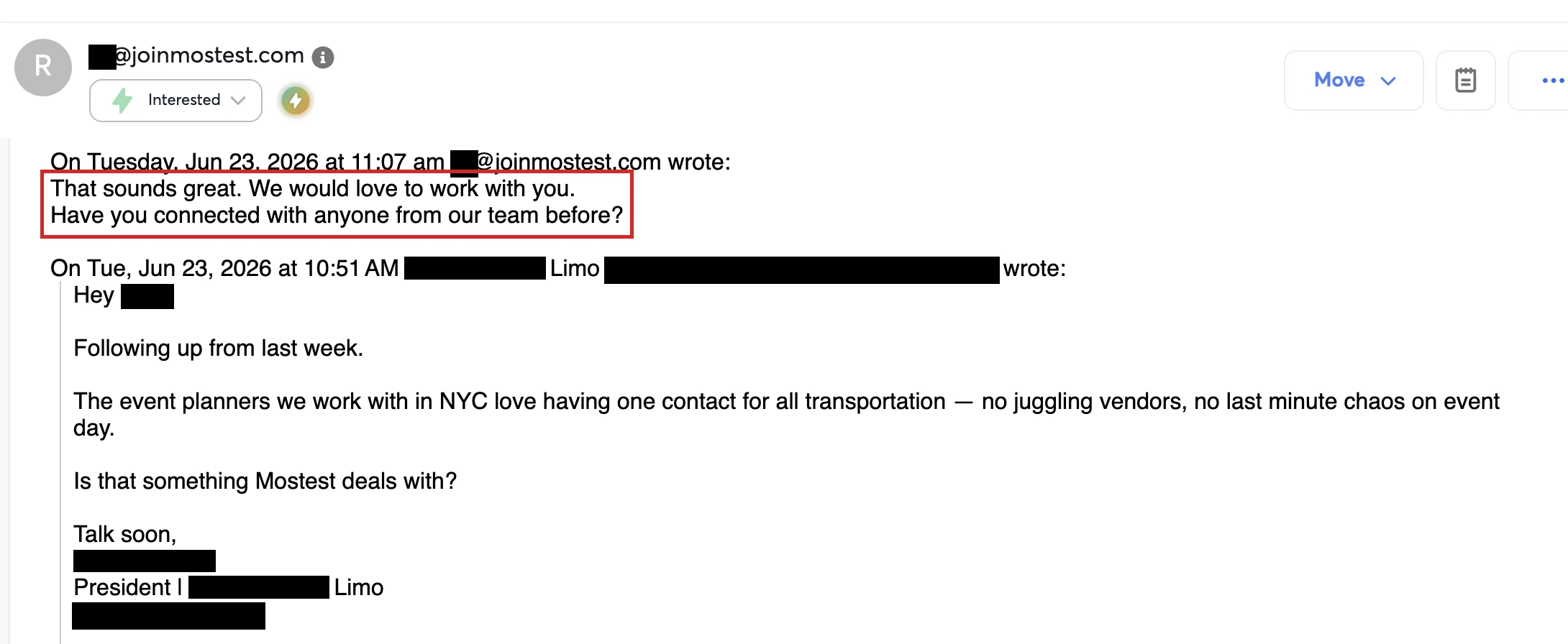 Inbox screenshot: a reply from a event brand marked Interested — “we would love to work with you”.