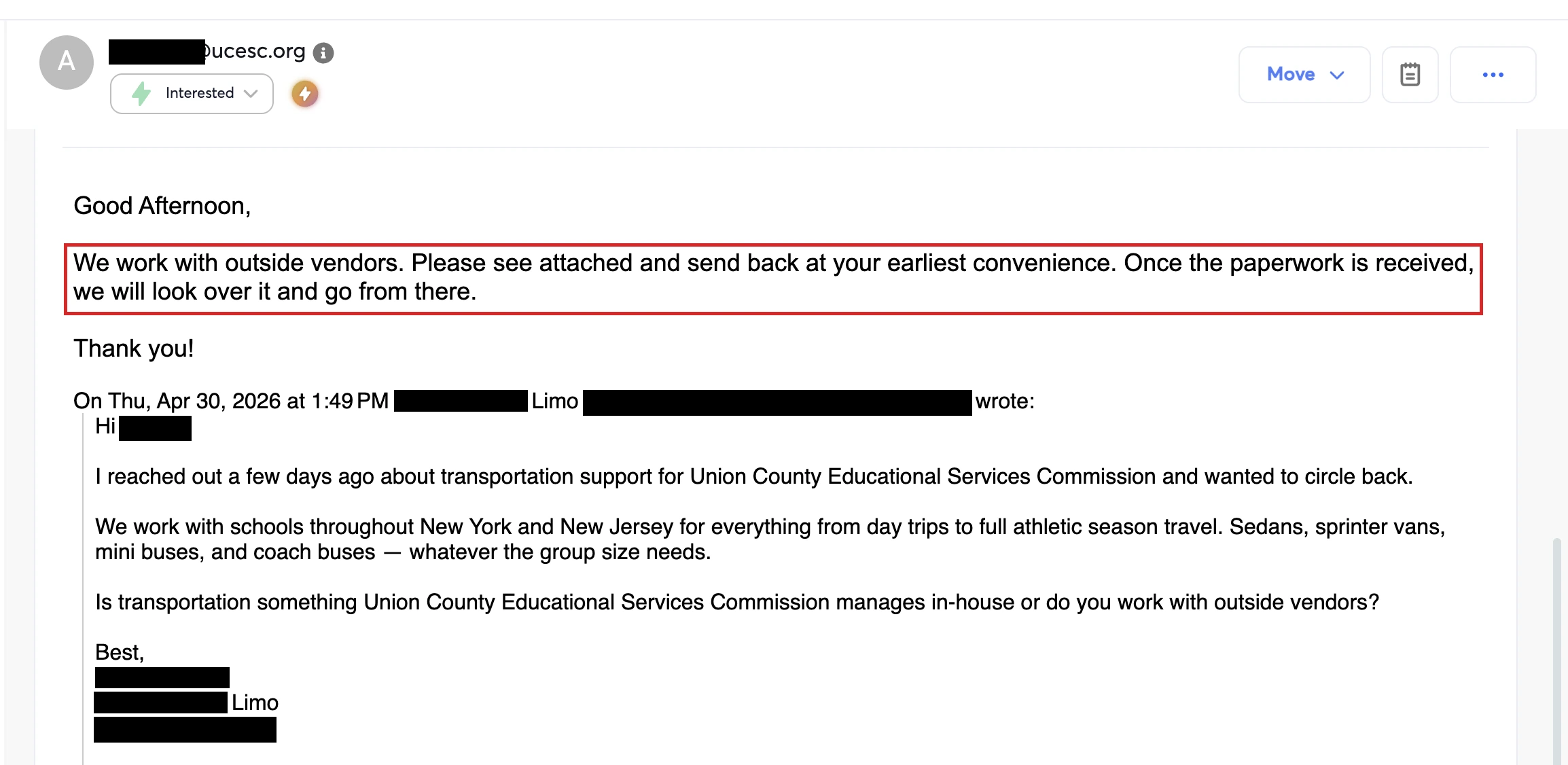 Inbox screenshot: a reply from a school district marked Interested — sent vendor onboarding paperwork.