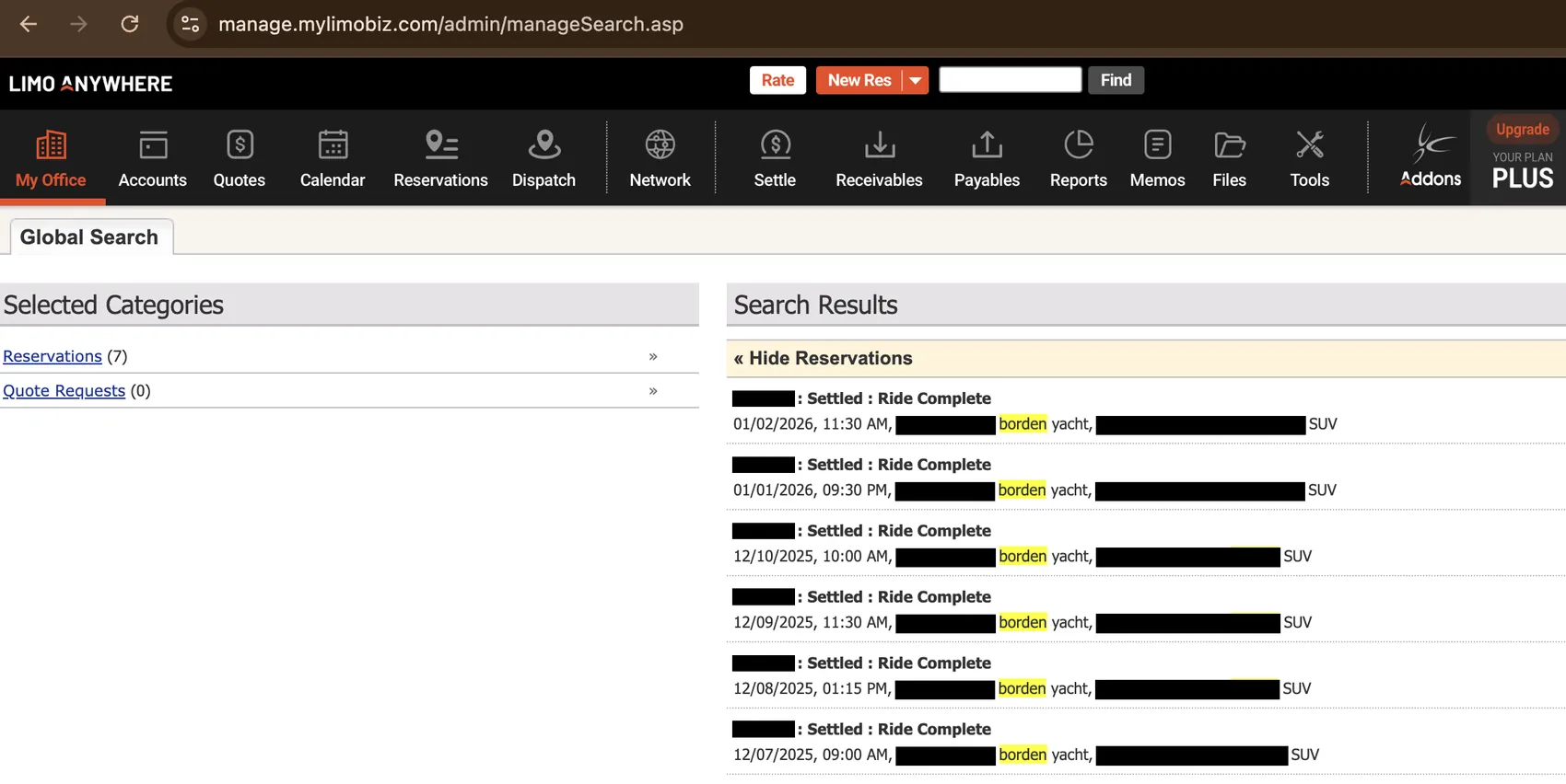 Redacted Limo Anywhere reservation search showing 7 reservations for a yacht & cruise company