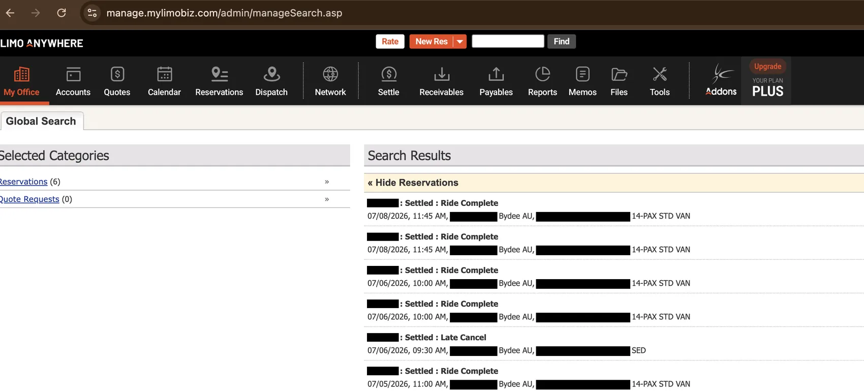 Redacted Limo Anywhere reservation search showing 6 reservations for a international apparel brand