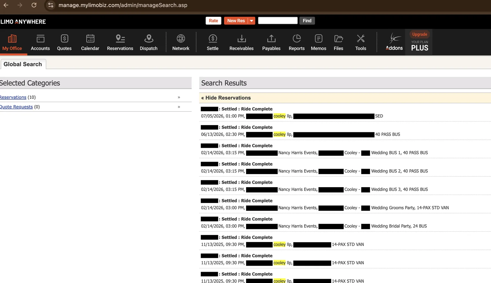 Redacted Limo Anywhere reservation search showing 10 reservations for a national law firm