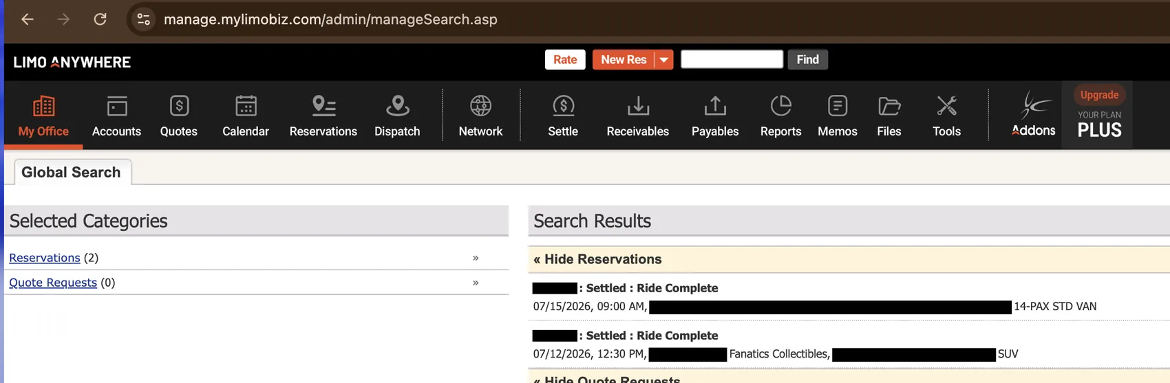 Redacted Limo Anywhere reservation search showing 2 reservations for a sports & collectibles brand