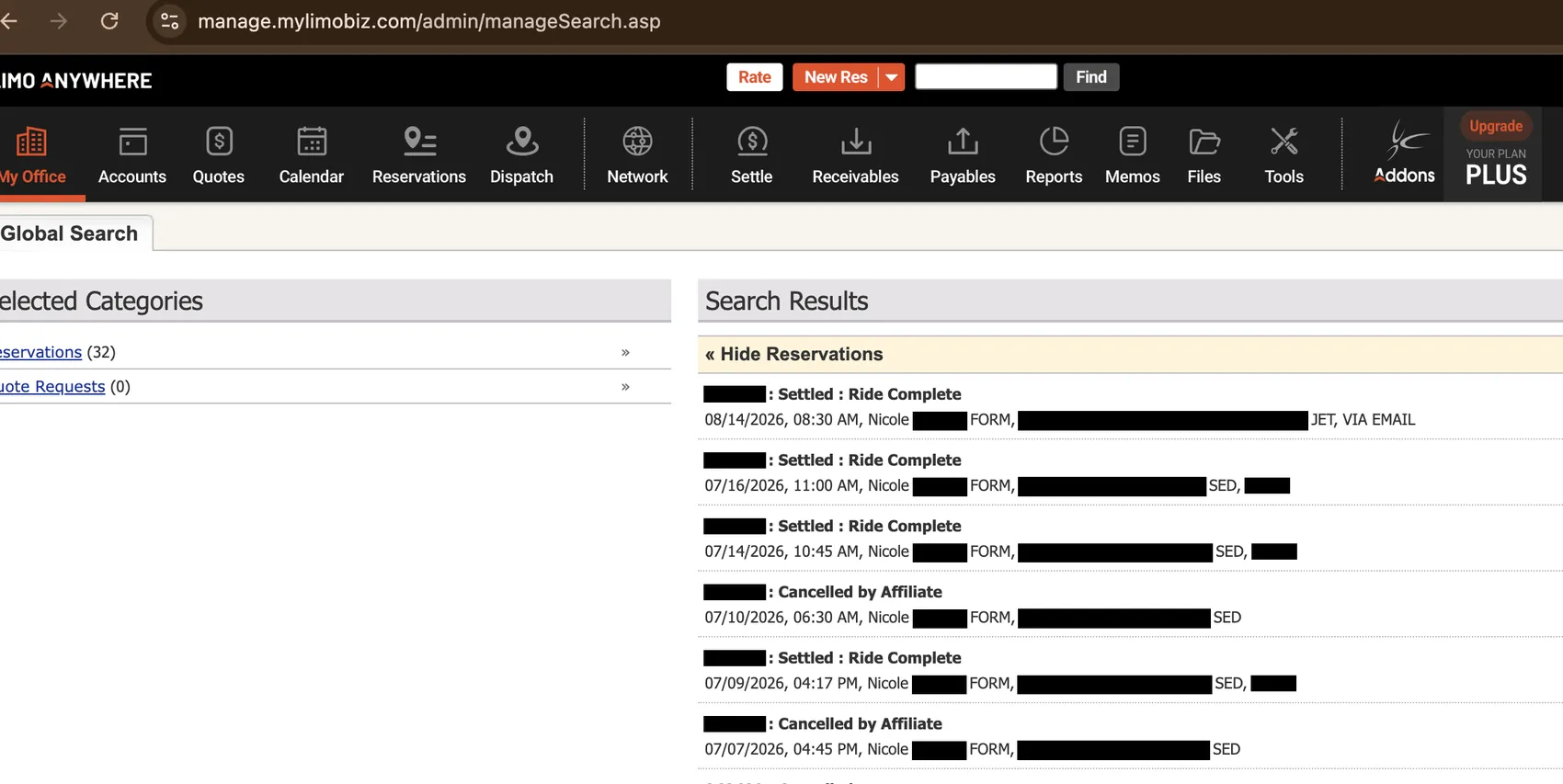 Redacted Limo Anywhere reservation search showing 32 reservations for a creative agency