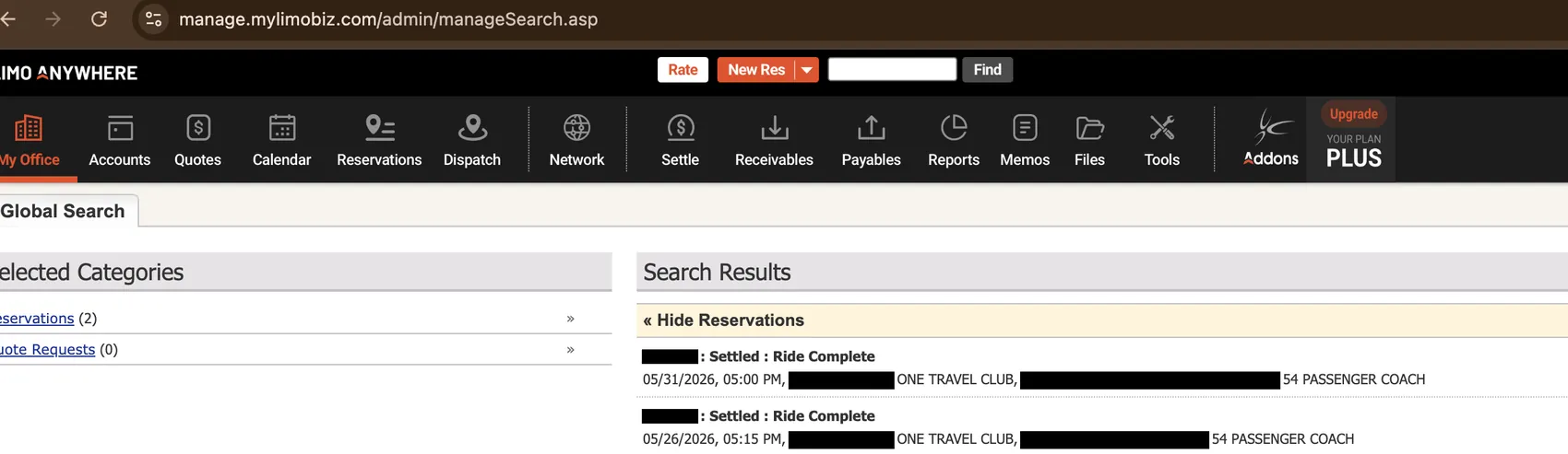 Redacted Limo Anywhere reservation search showing 2 reservations for a uk travel club