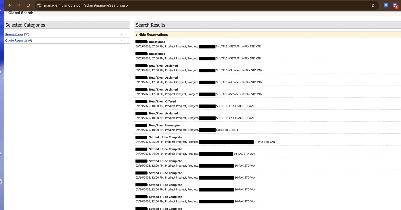 Redacted Limo Anywhere reservation search showing 30 reservations for a event production company