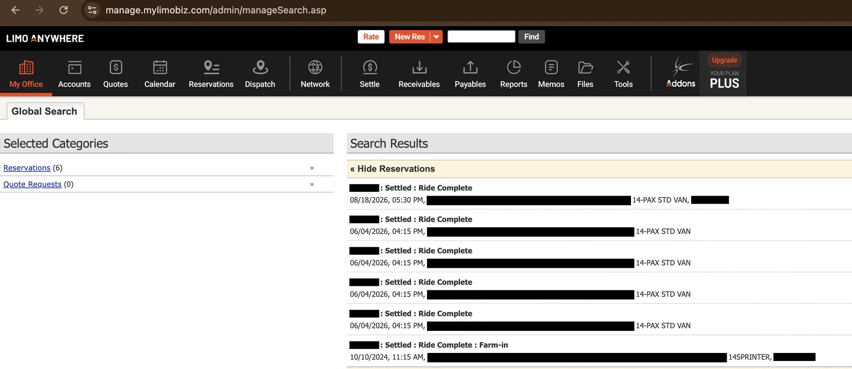 Redacted Limo Anywhere reservation search showing 6 reservations for a corporate shuttle account