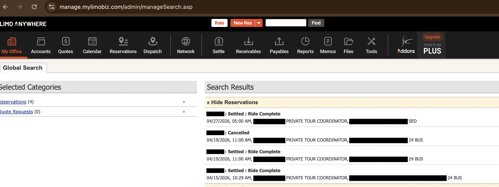 Redacted Limo Anywhere reservation search showing 4 reservations for a private tour coordinator