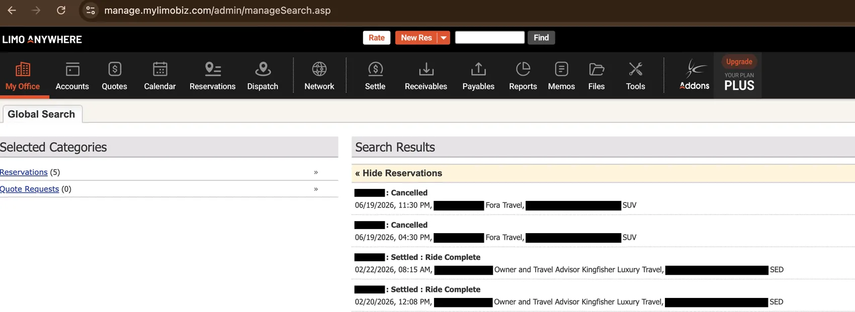 Redacted Limo Anywhere reservation search showing 5 reservations for a luxury travel advisors